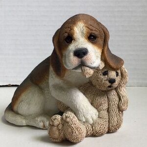 Living Stone Beagle Pup Hugging Bunny Stuffy Resin Figurine VTG 1996